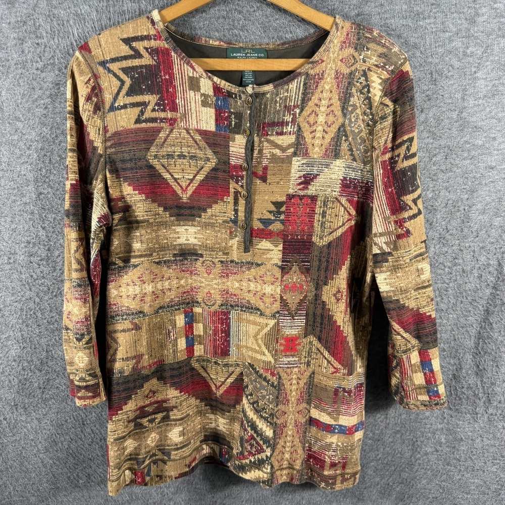 Vintage Lauren Jeans Co. Top Multicolor Aztec Henley Southwestern Cotton Knit‎ L
